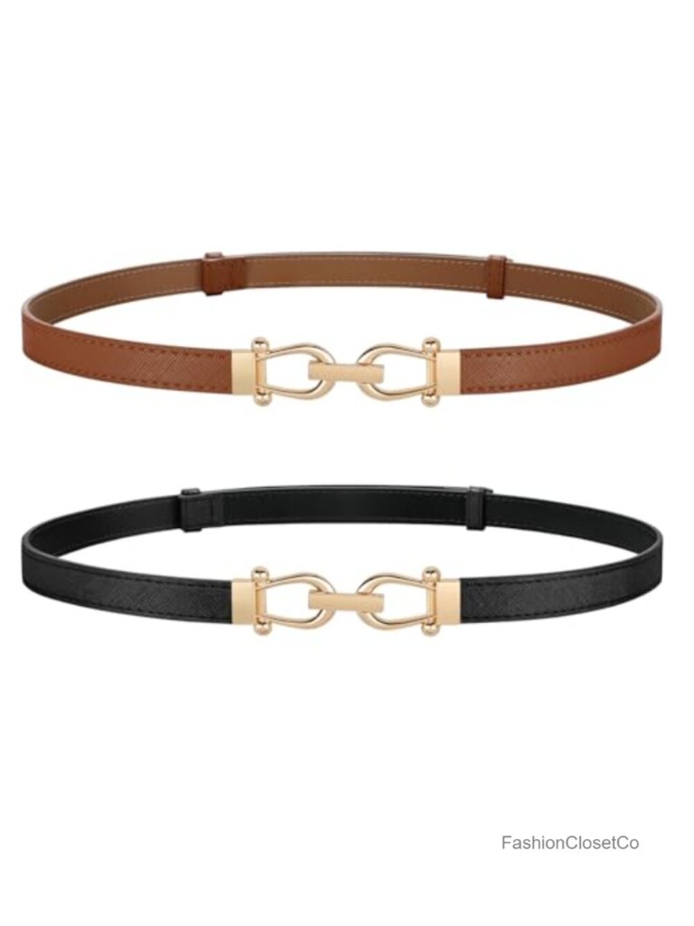 2 Pack Thin Belts for Women Skinny Faux Leather Waist Belt with Gold Buckle